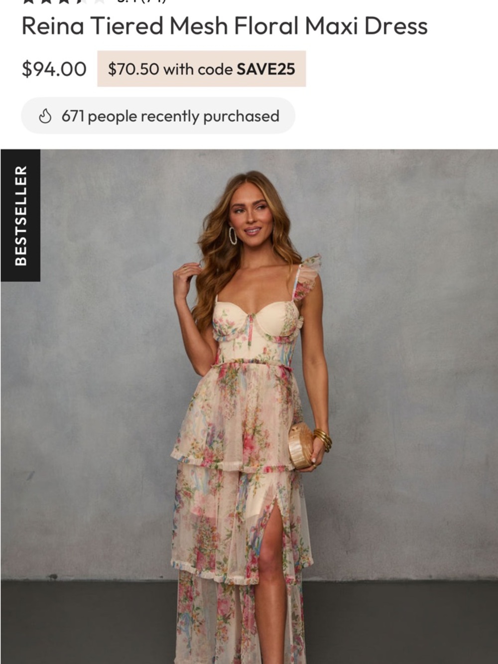 Vici Reina Tiered Mesh Floral Maxi Dress in Cream and Pink